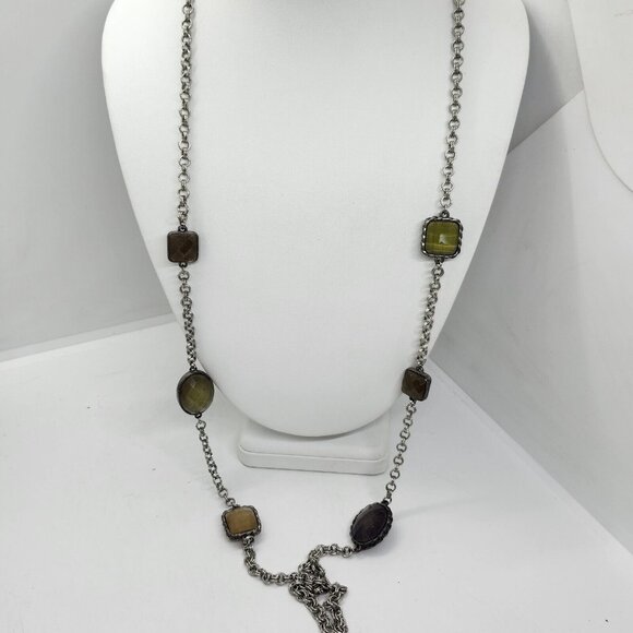Loft Ann Taylor Long Rustic‎ Silver Tone Faux Stones Necklace - Picture 1 of 8